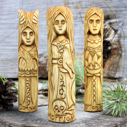 15 Celtic gods and goddesses hand-carved wooden figurines close-up