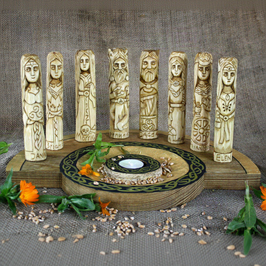 Celtic gods and goddesses altar set with 8 hand-carved wooden figurines