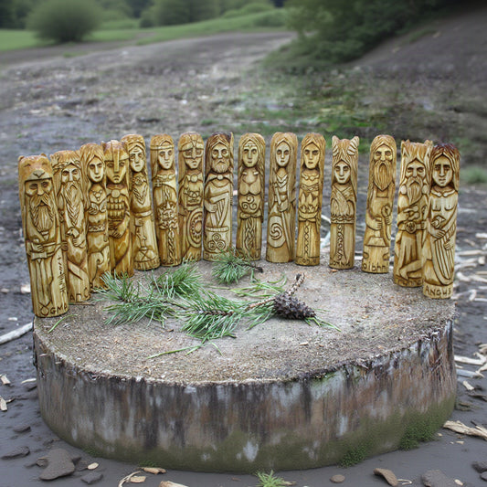 Celtic gods and goddesses set with 15 hand-carved wooden figurines