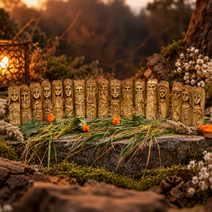 Celtic wooden deity collection featuring five small hand-carved figures of Irish mythological gods and goddesses