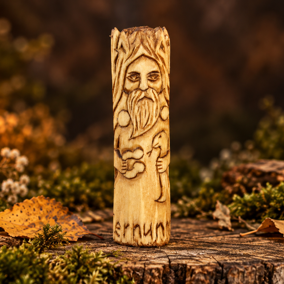 Small hand-carved wooden Cernunnos figure featuring antlers and detailed carving