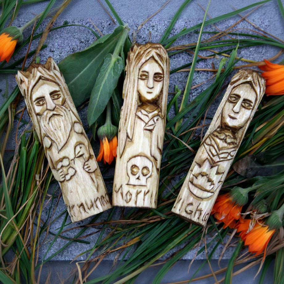 Wooden figurines of Cernunnos, Morrigan and Brighid from the Celtic gods collection