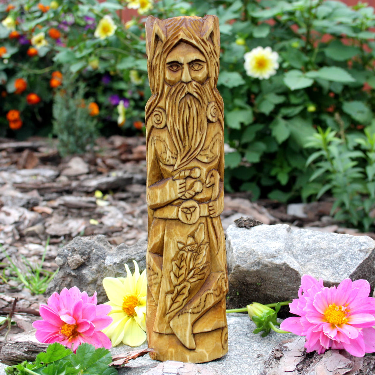 25 cm hand-carved Cernunnos wooden statue with antlers and a long beard