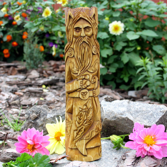 25 cm hand-carved Cernunnos wooden statue with antlers and a long beard