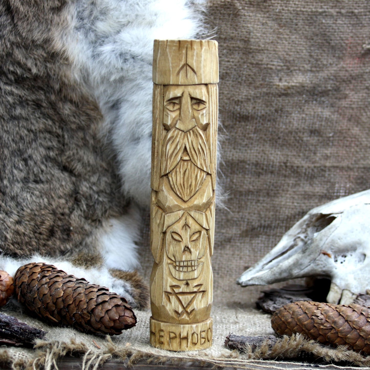 Front view of Chernobog Slavic wooden idol 18 cm hand carved from linden wood