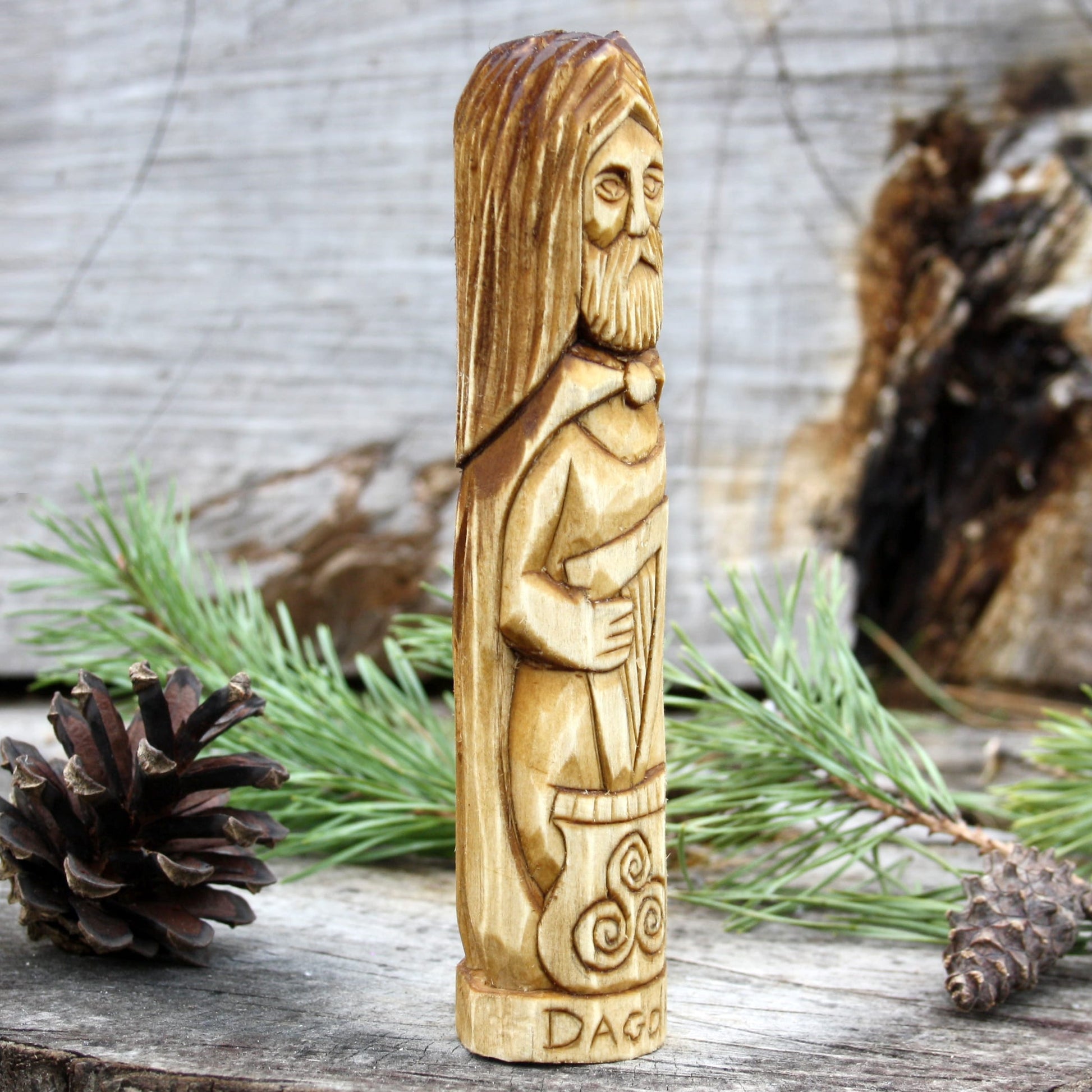 Dagda Celtic god 15cm wooden statue side detail