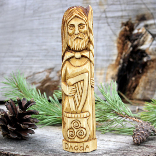 Dagda Celtic god of strength and magic 15cm hand-carved wooden statue front view