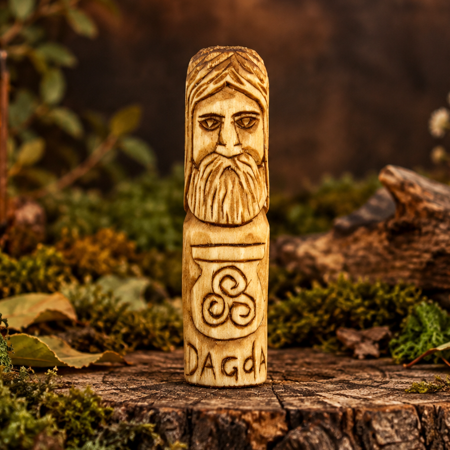 Hand-carved 10 cm wooden Dagda figure with a detailed beard and Celtic-inspired carving