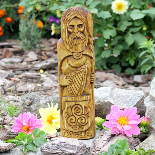 25 cm hand-carved wooden Dagda statue with a long beard and detailed Celtic ornaments