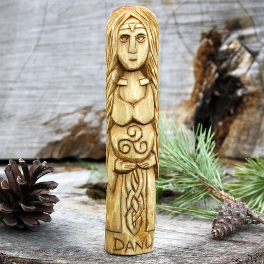 Danu Celtic goddess 15cm hand-carved wooden statue front view