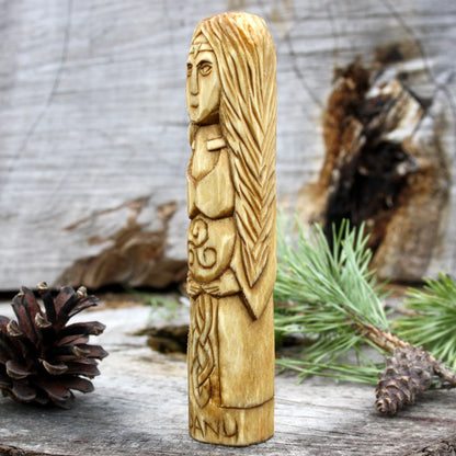 Danu Celtic goddess 15cm hand-carved wooden statue side view