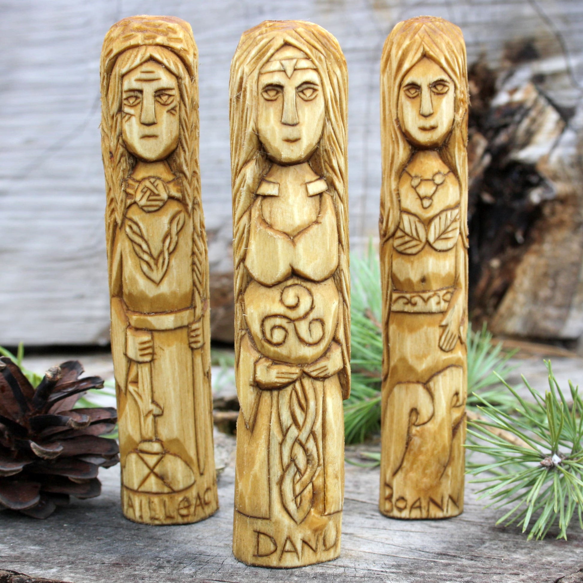 Danu with other 15cm Celtic gods and goddesses hand-carved wooden statues