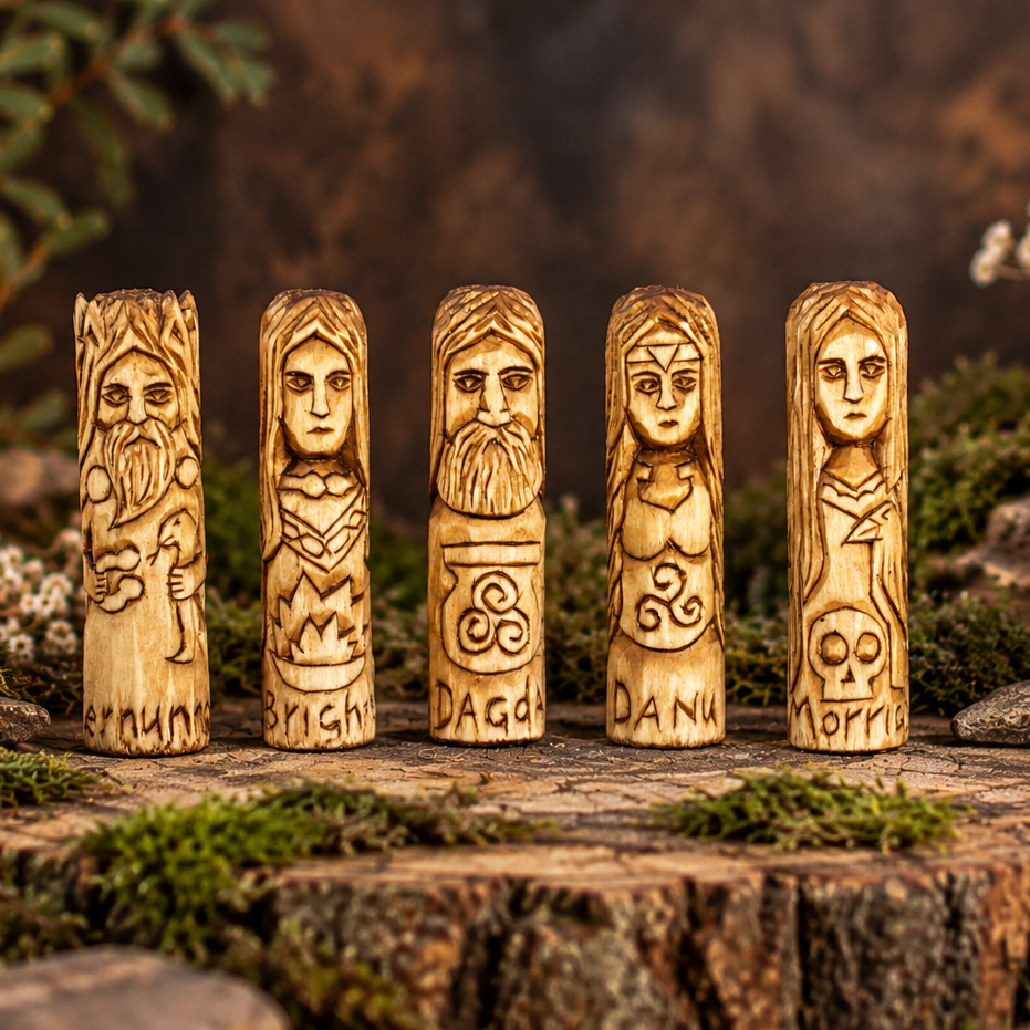 Set of five 10 cm hand-carved Celtic wooden figures featuring Danu, Dagda, Brighid, Cernunnos and Morrigan