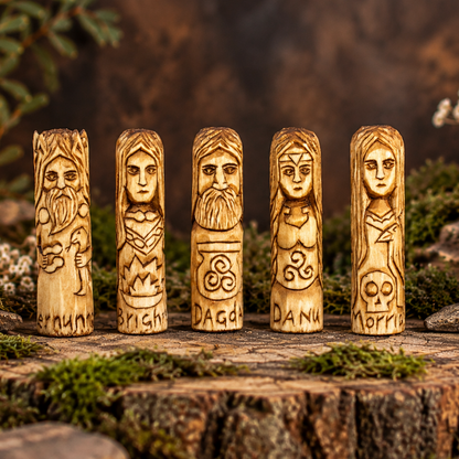 Set of five 10 cm hand-carved Celtic wooden figures featuring Danu, Dagda, Brighid, Cernunnos and Morrigan