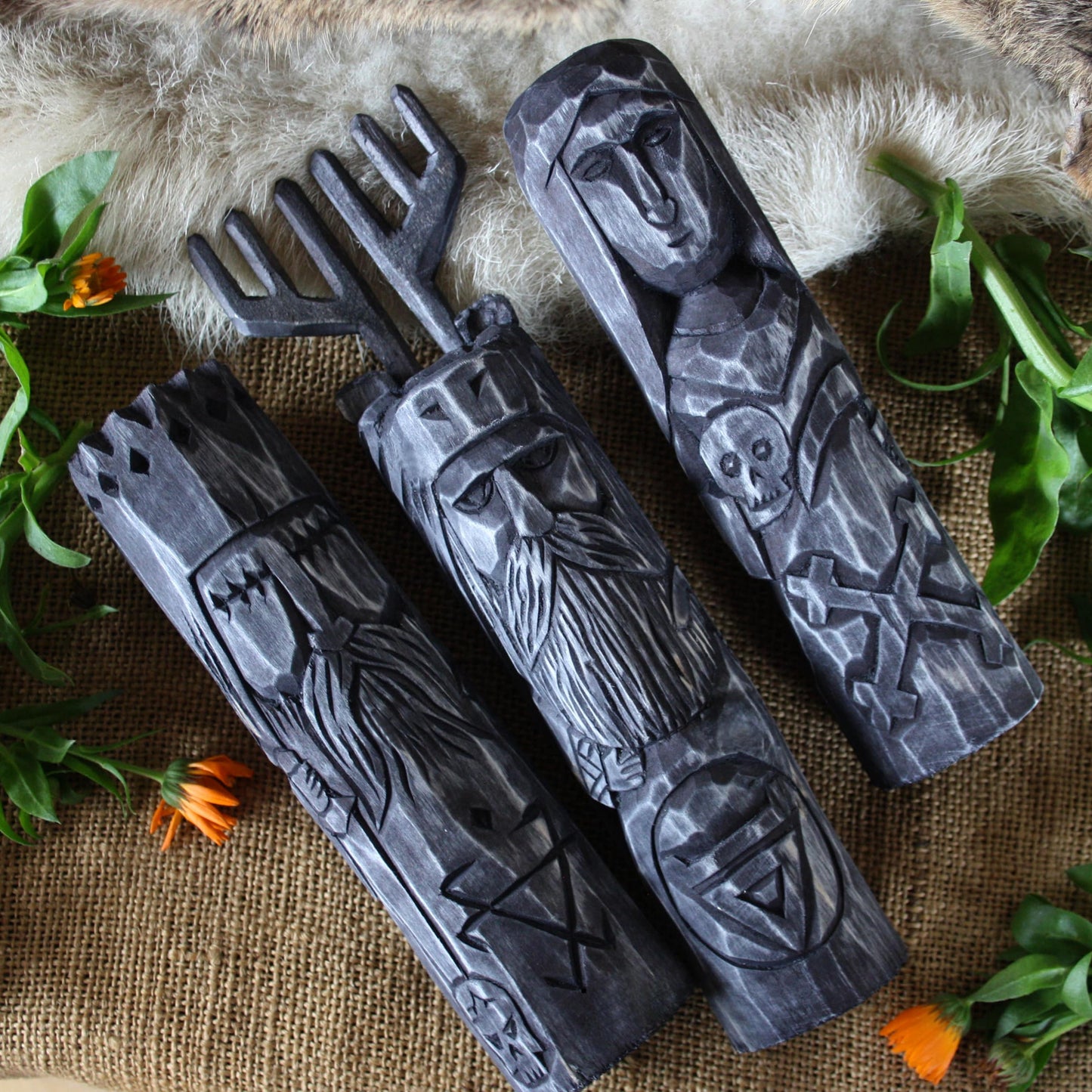 Dark Slavic gods wooden idol set with Morana Veles and Chernobo on the tale