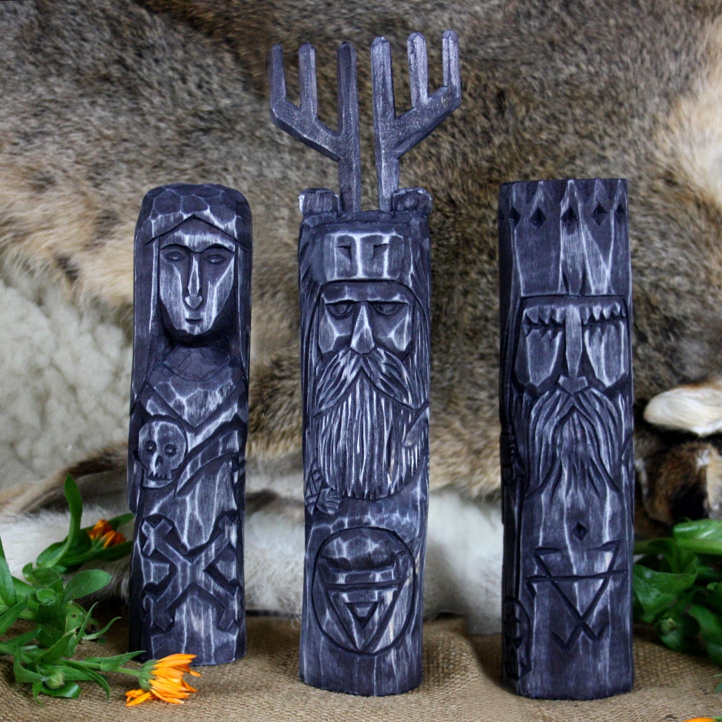 Dark Slavic gods wooden idol set with Morana Veles and Chernobog 20 cm hand carved figures