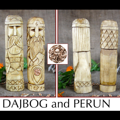 Dazhbog and Perun Slavic wooden idols 17 cm front and back views