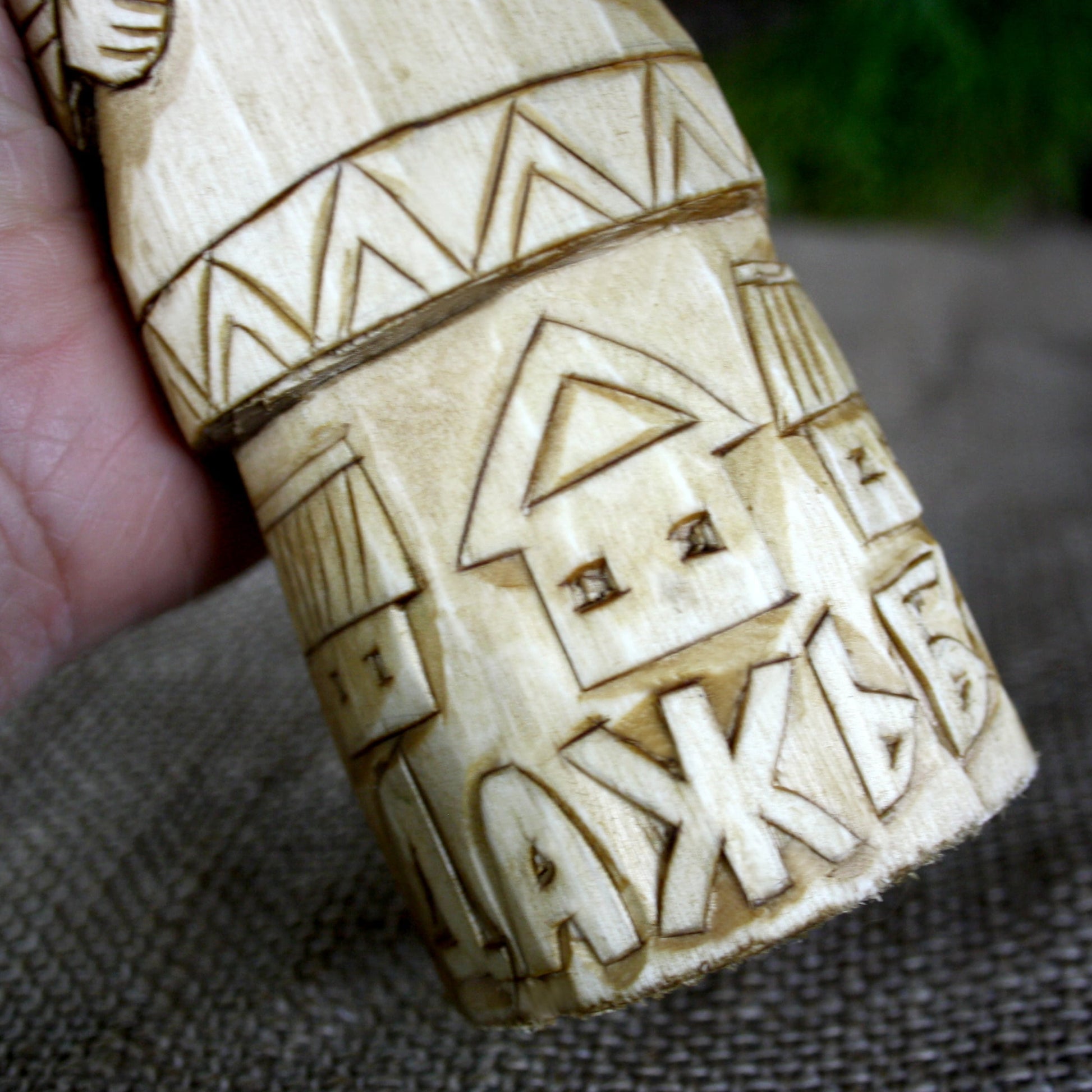 Detailed carving of Dazhbog Slavic God wooden statue