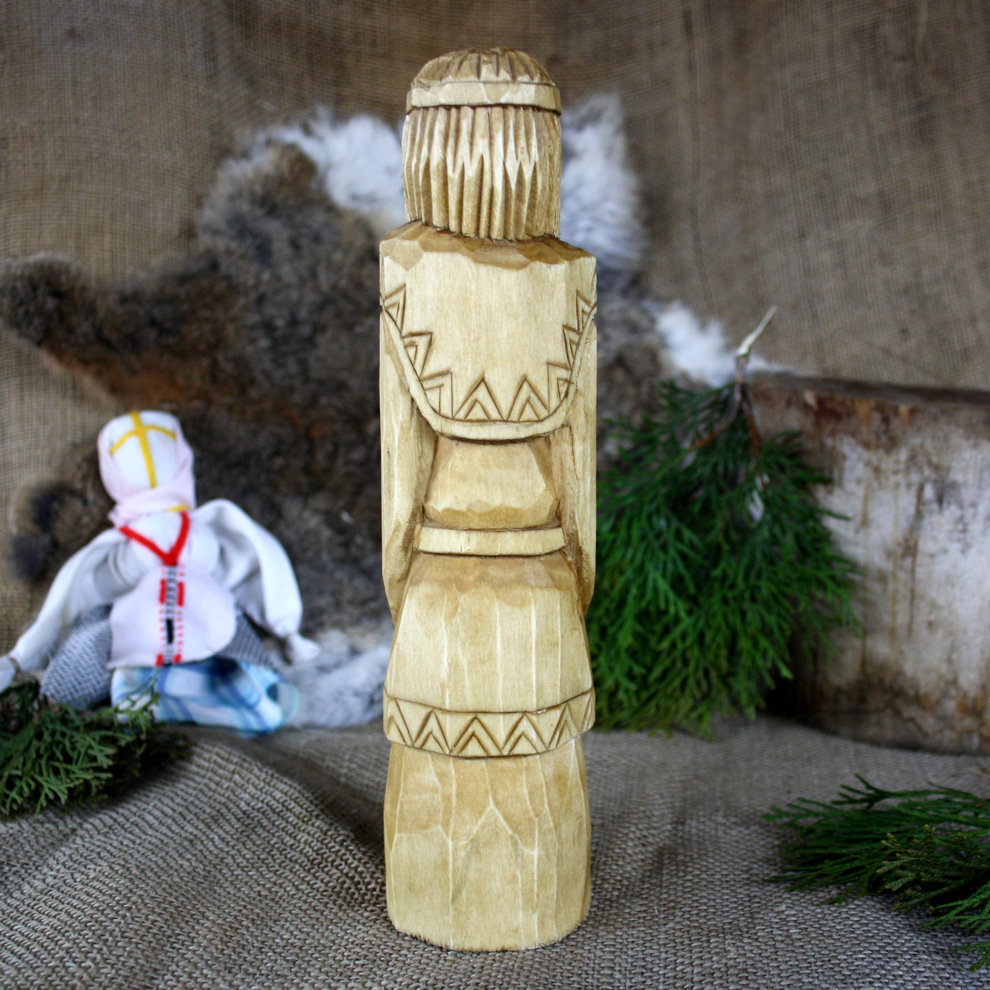 Back view of Dazhbog Slavic God wooden statue 25 cm