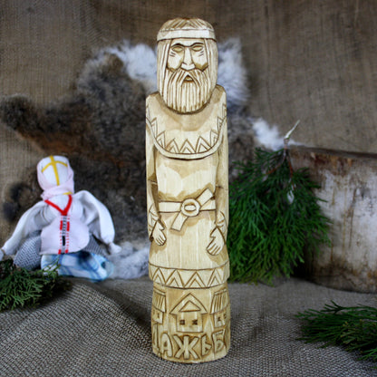 Front view of Dazhbog Slavic God wooden statue 25 cm hand carved from linden wood