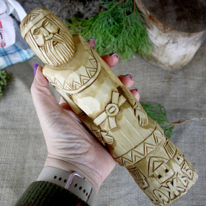 Dazhbog Slavic God wooden statue held in hand for size comparison