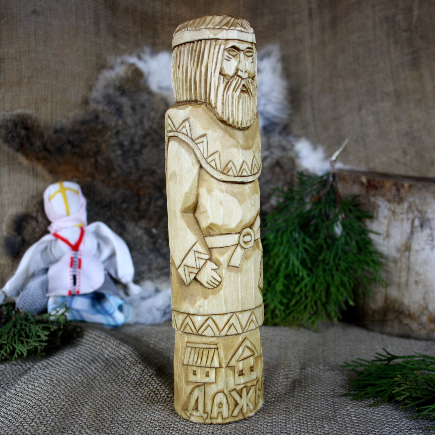 Right side of Dazhbog Slavic God hand carved wooden statue