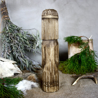 Back view of Dazhbog Slavic wooden idol 25 cm with dark finish