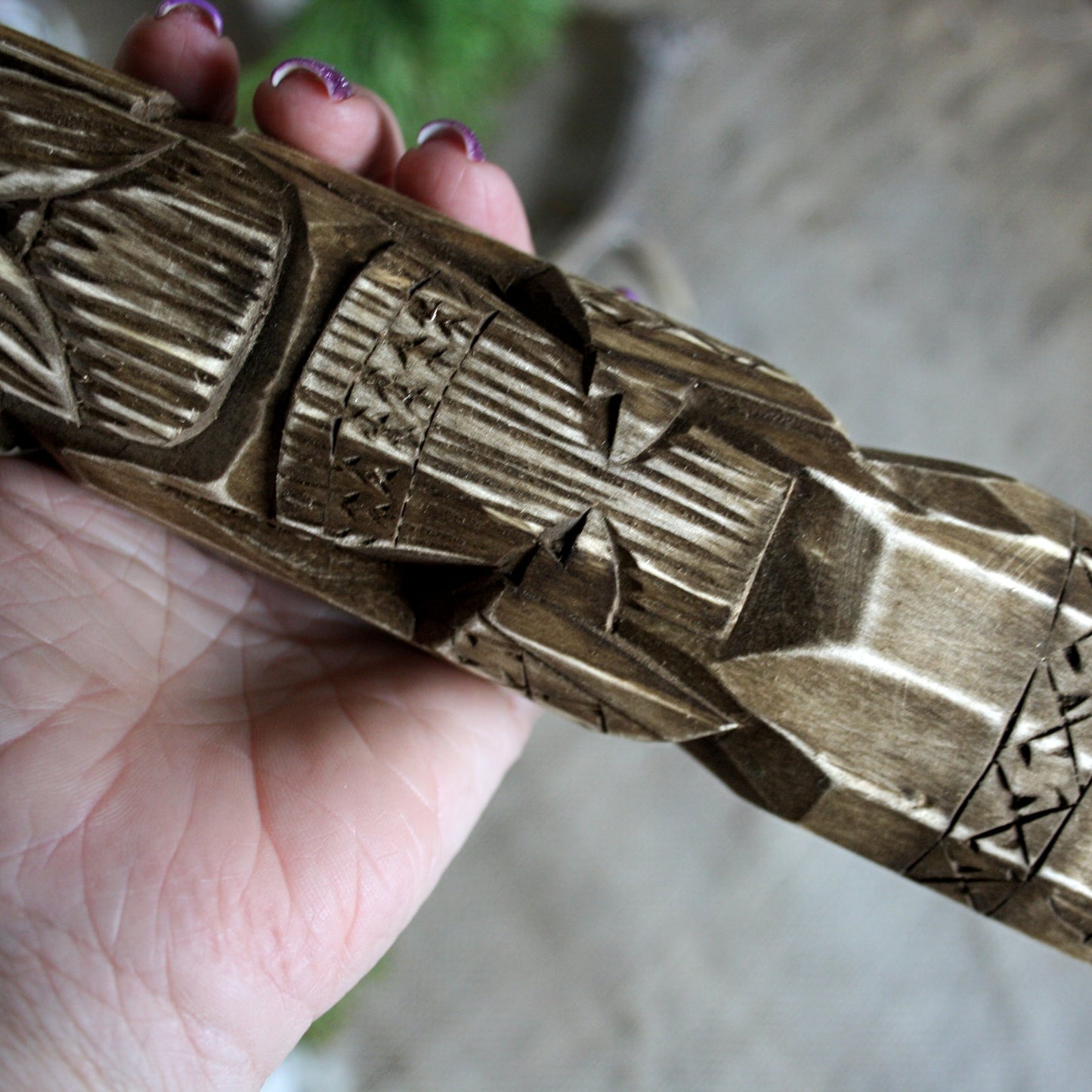 Detailed view of Dazhbog Slavic wooden idol 25 cm showing traditional hand-carved ornaments