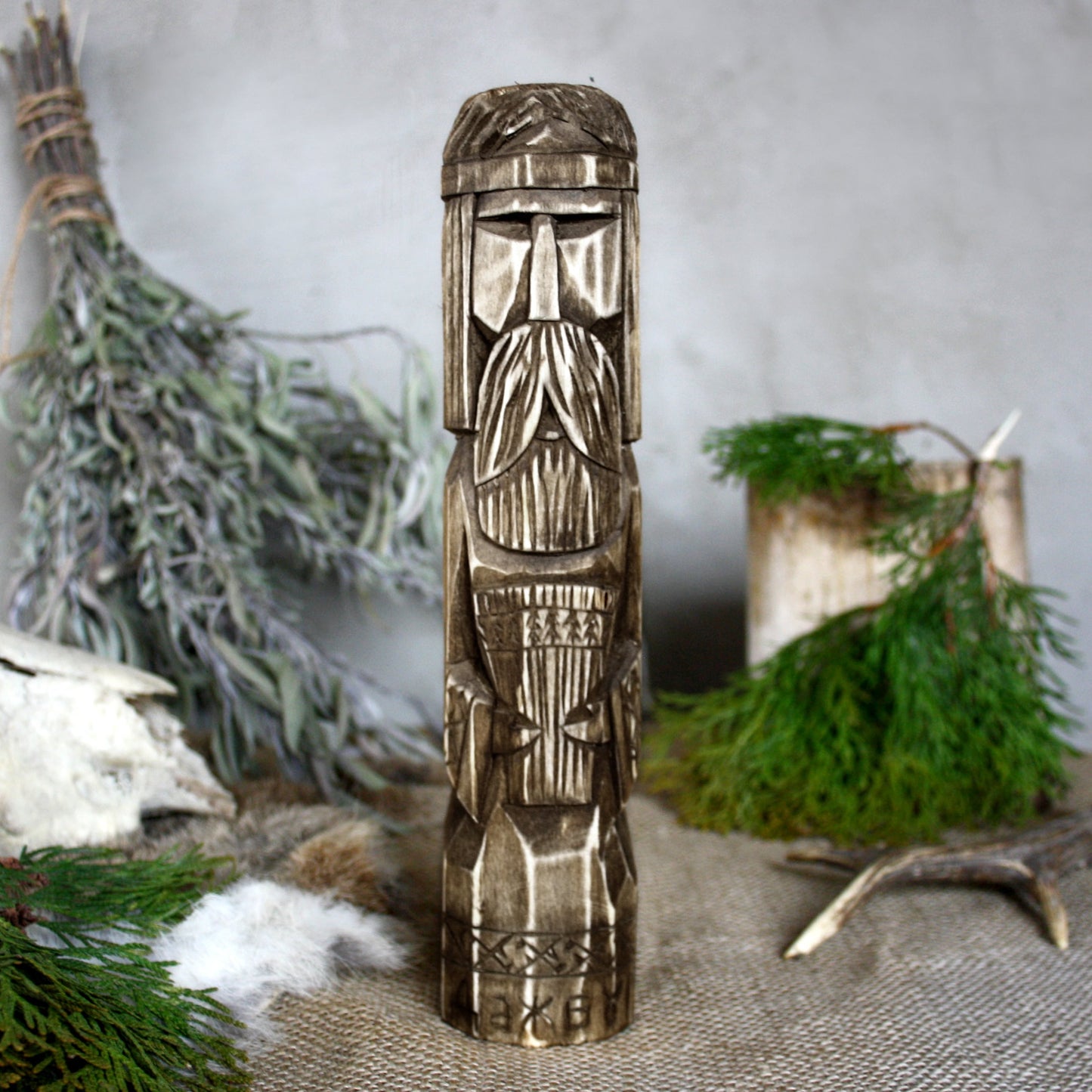 Front view of Dazhbog Slavic wooden idol 25 cm with dark wood finish