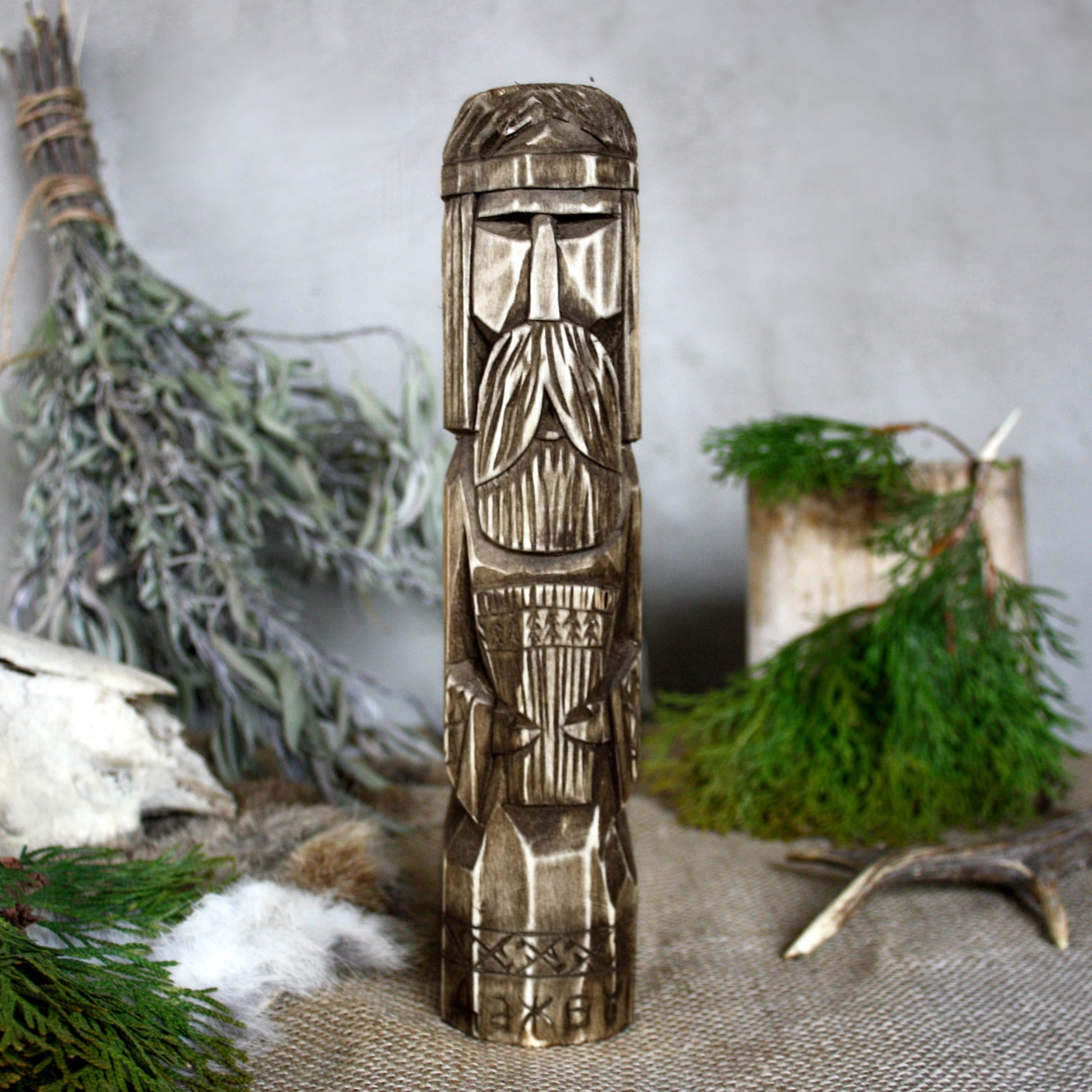 Front view of Dazhbog Slavic wooden idol 25 cm with dark wood finish