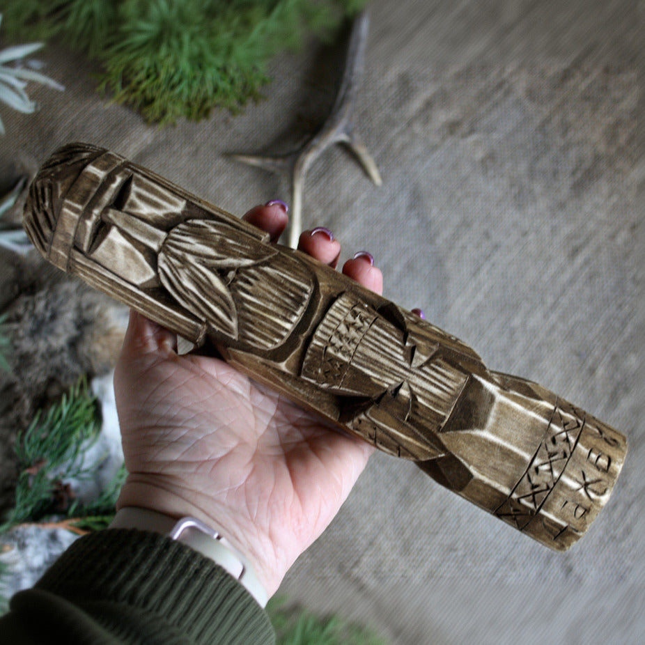 Dazhbog Slavic wooden idol 25 cm held in hand to show size and scale