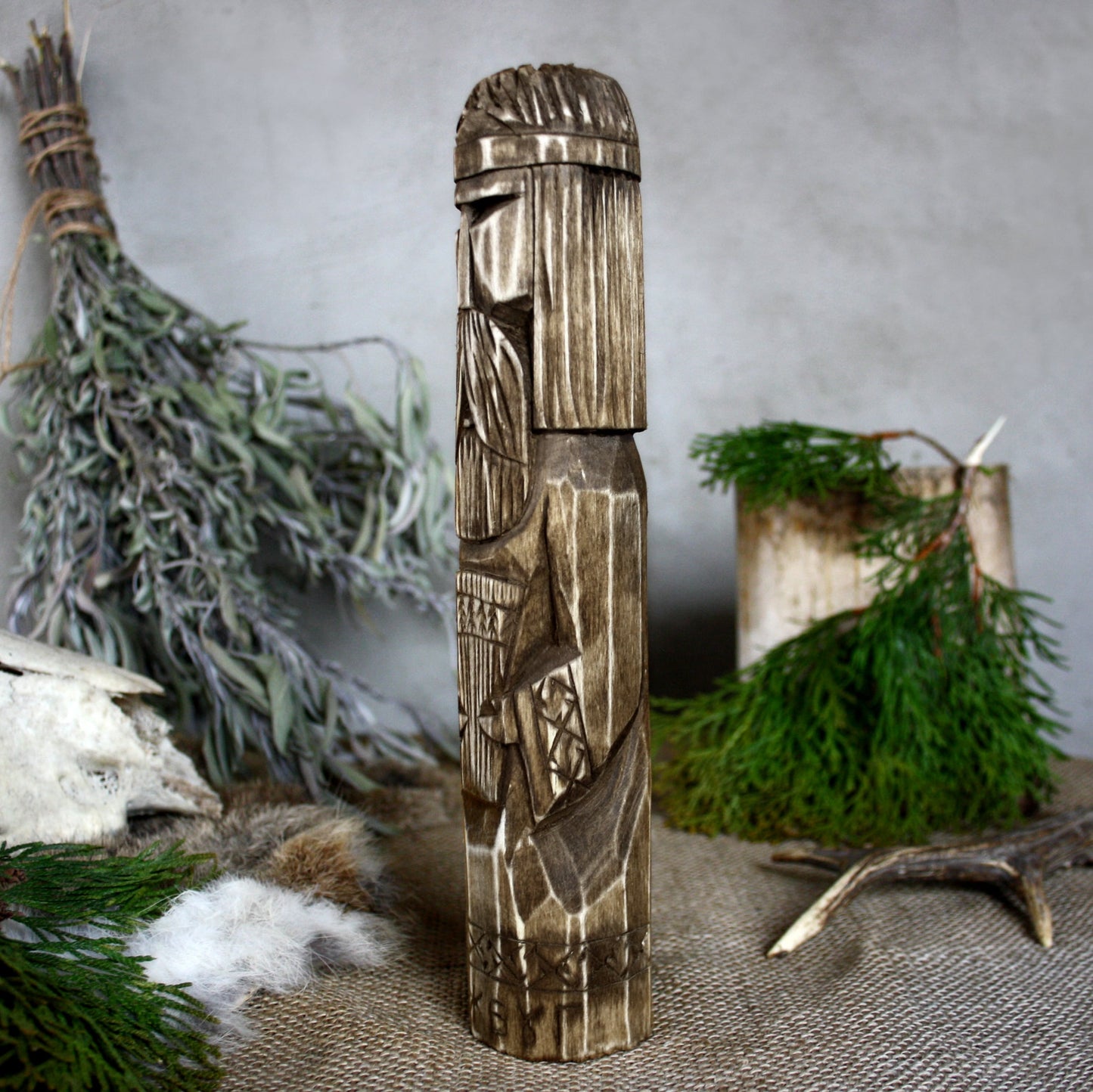 Left side of Dazhbog Slavic god wooden idol 25 cm hand carved from linden wood