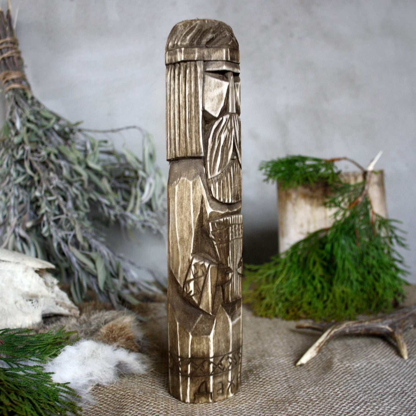 Right side of Dazhbog hand carved Slavic wooden idol 25 cm