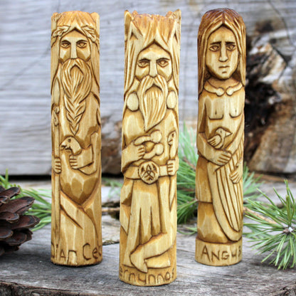 Dian Cécht with other 15cm Celtic gods hand-carved wooden statues