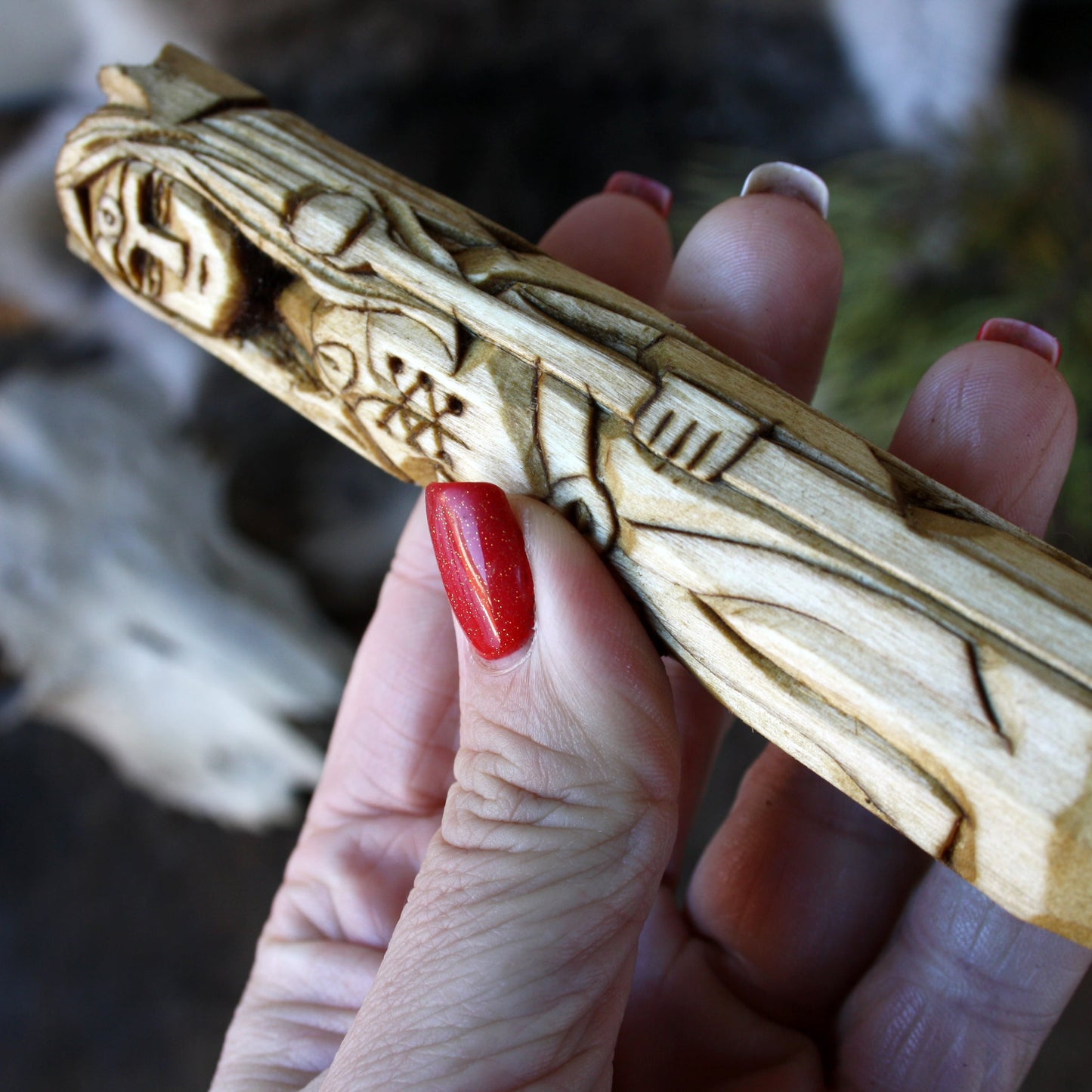 Elen Celtic goddess 15cm detailed hand-carved wooden statue held in hand