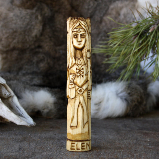 Elen Celtic goddess of roads and travel 15cm hand-carved wooden statue front view