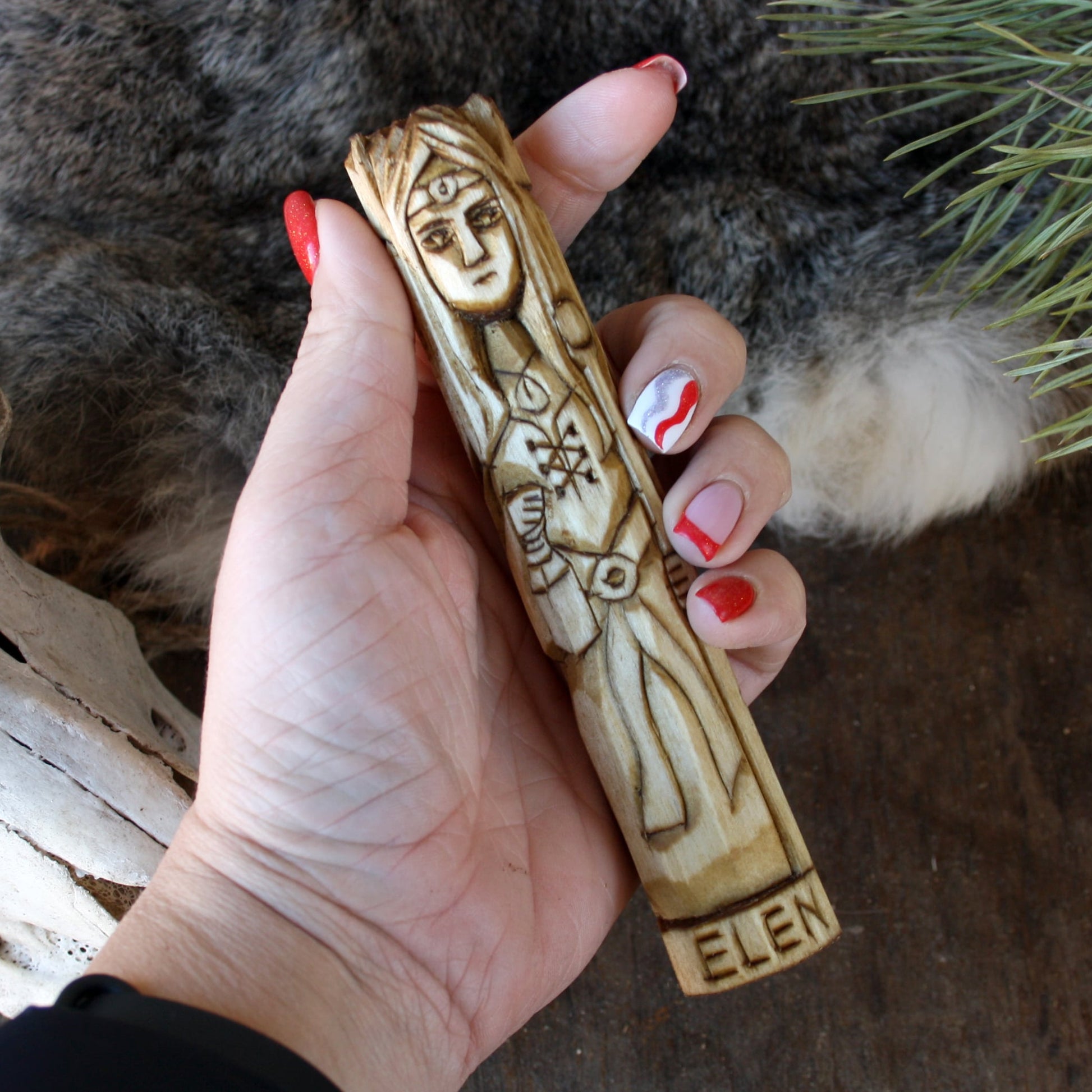 Elen Celtic goddess 15cm hand-carved wooden statue held in hand with flowers