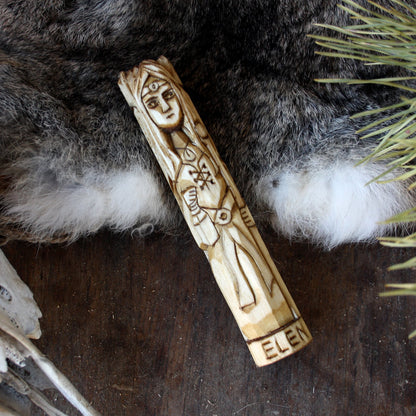 Elen Celtic goddess 15cm hand-carved wooden statue in natural woodland setting
