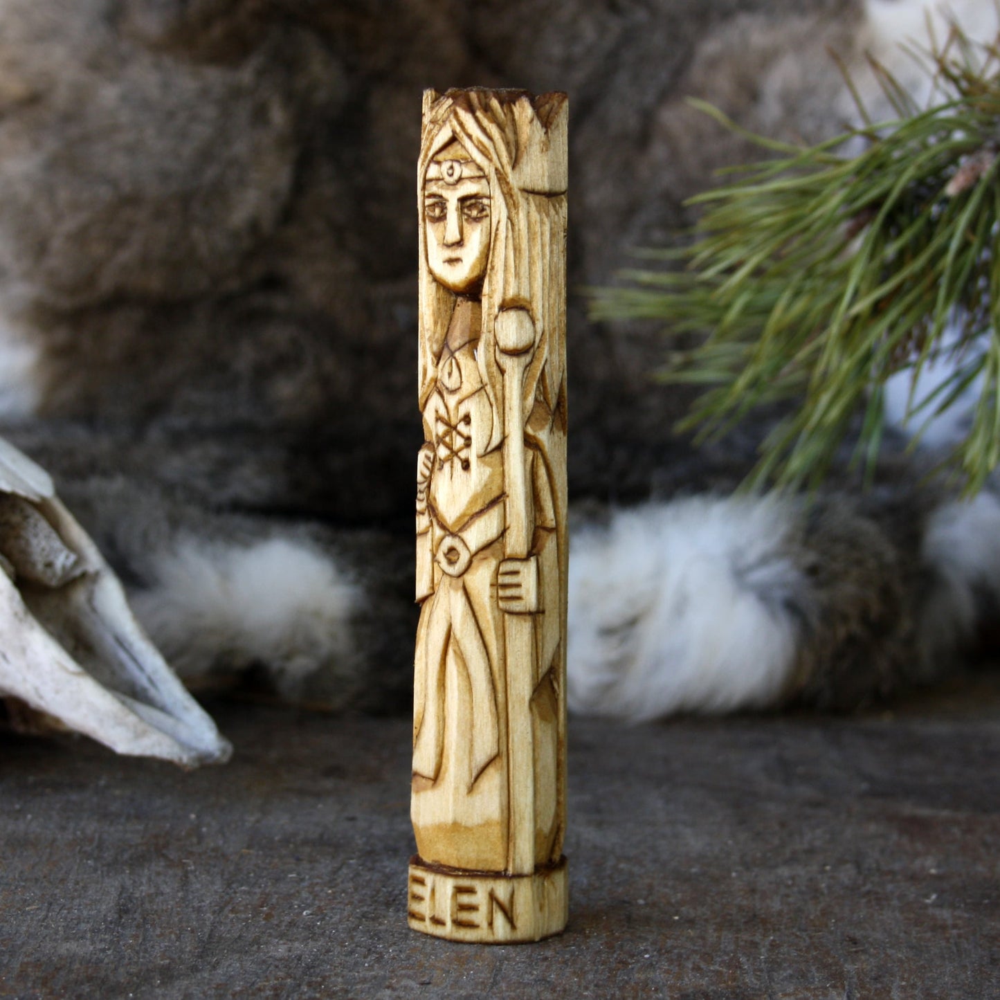 Elen Celtic goddess 15cm wooden statue opposite side view