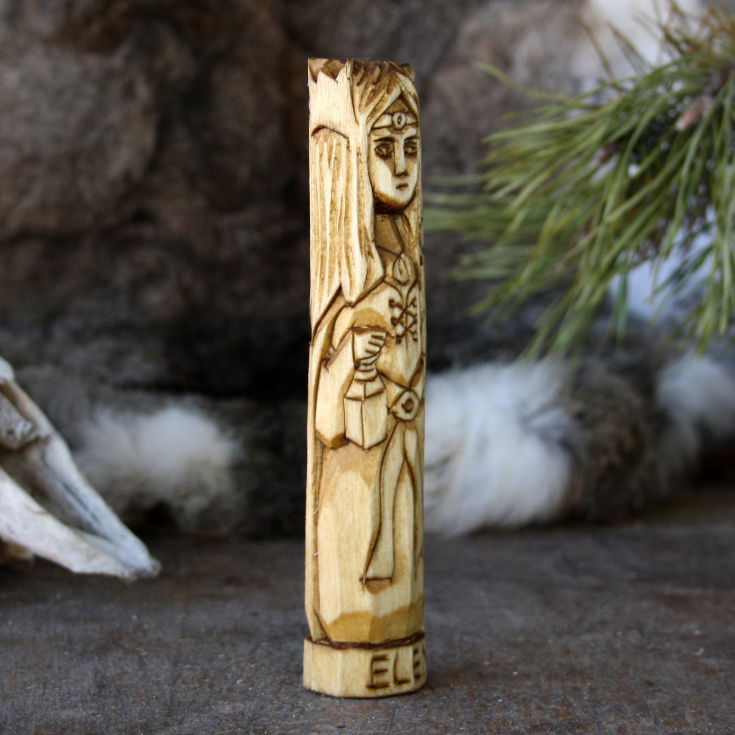 Elen Celtic goddess of roads 15cm hand-carved wooden statue side view
