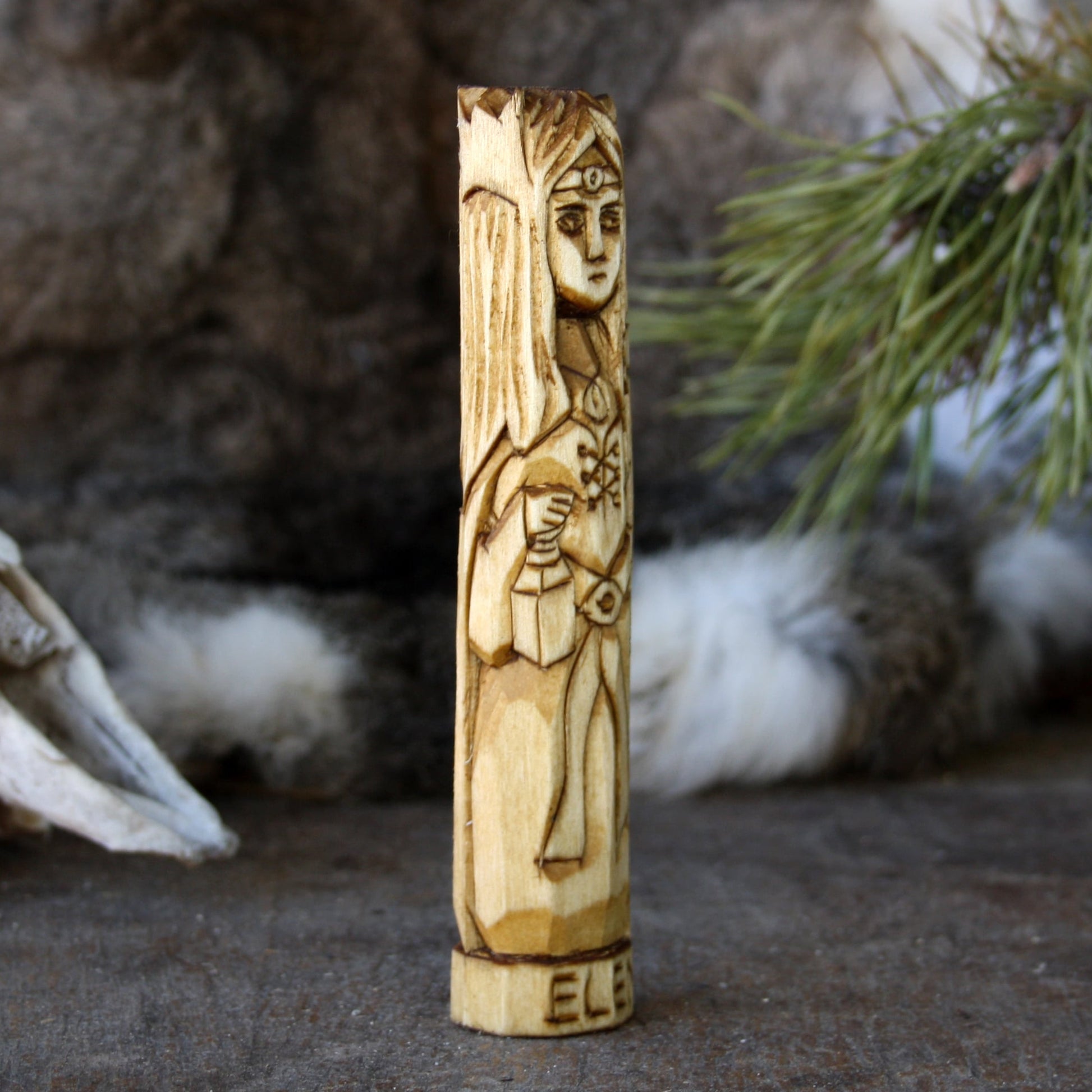 Elen Celtic goddess of roads 15cm hand-carved wooden statue side view