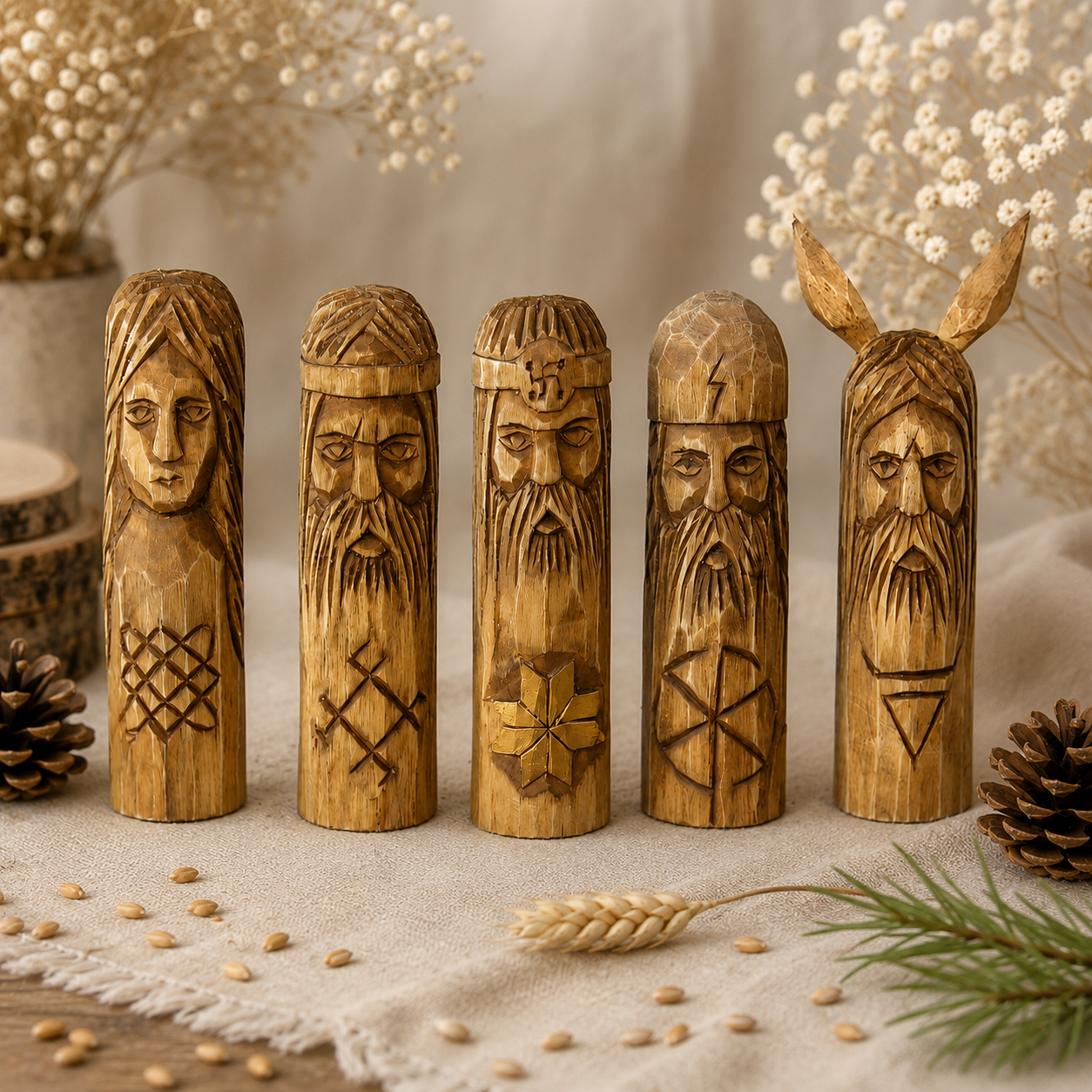 Small Slavic gods wooden idol set 10 cm  front view