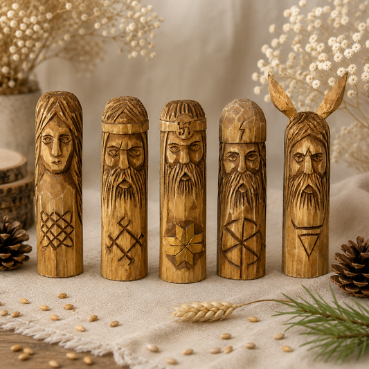 Small Slavic gods wooden idol set 10 cm  front view