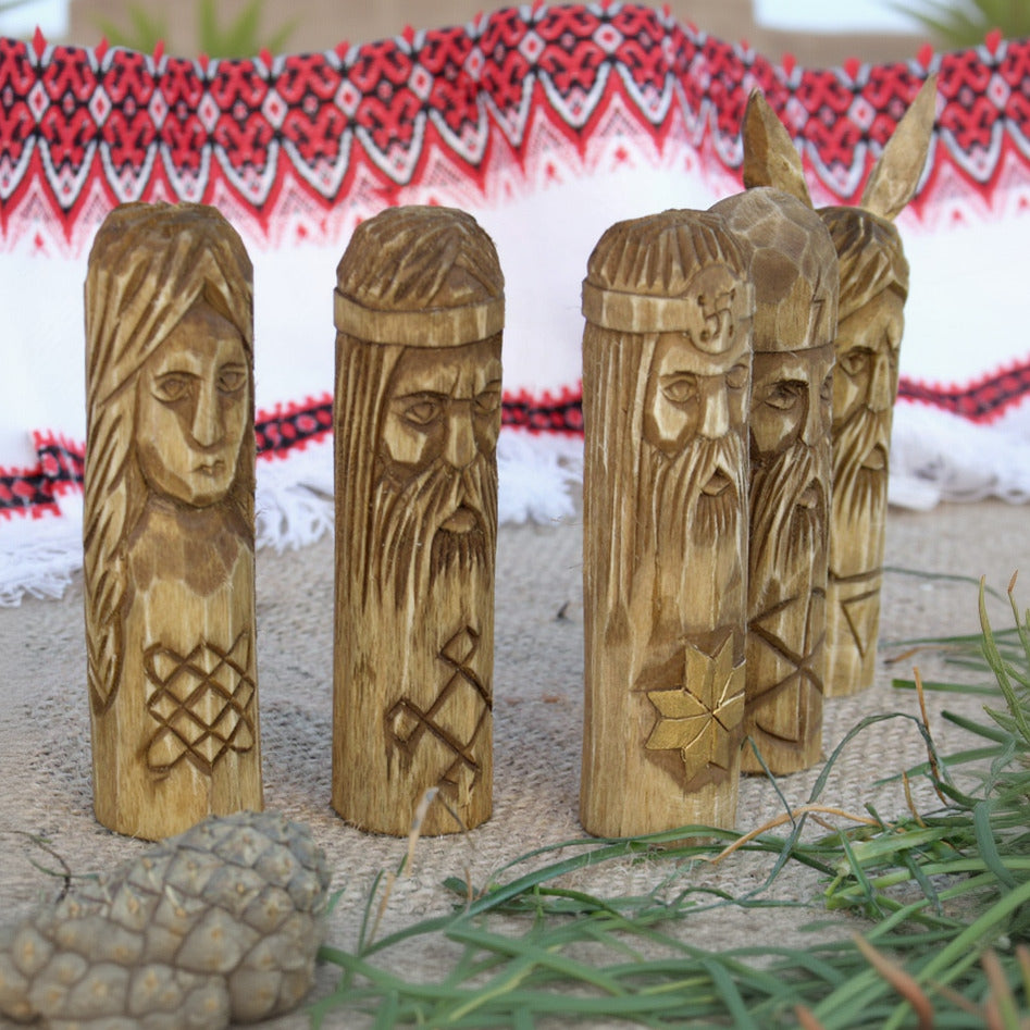 Set of five small Slavic gods wooden idols 10 cm right side view
