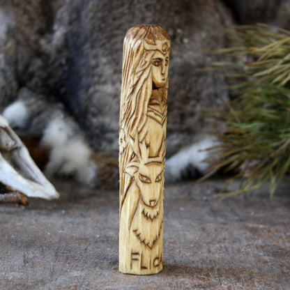 Flidais Celtic goddess of nature and deer 15cm hand-carved wooden statue side view