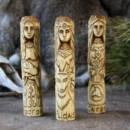 Flidais with other 15cm Celtic gods and goddesses hand-carved wooden statues