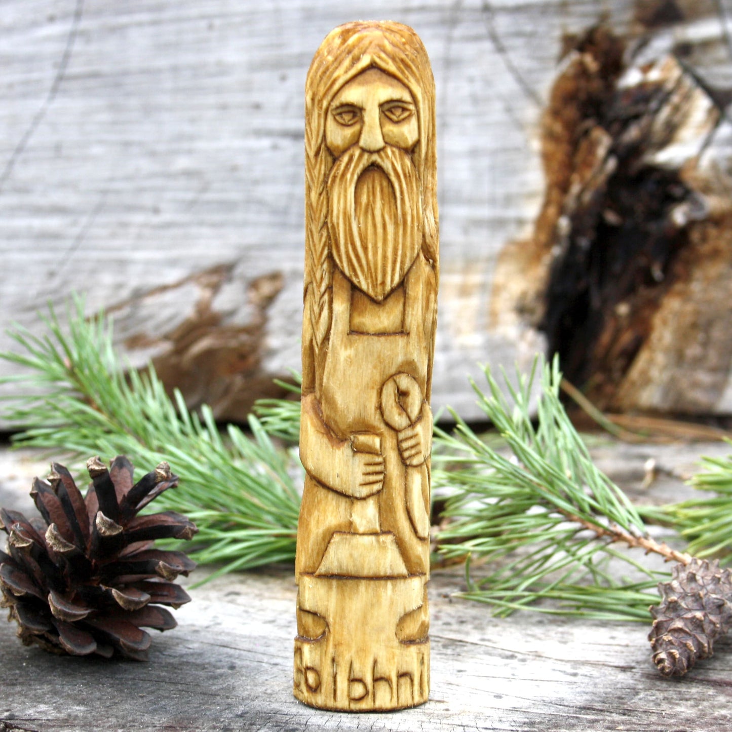Goibhniu Celtic god of smithing 15cm hand-carved wooden statue front view