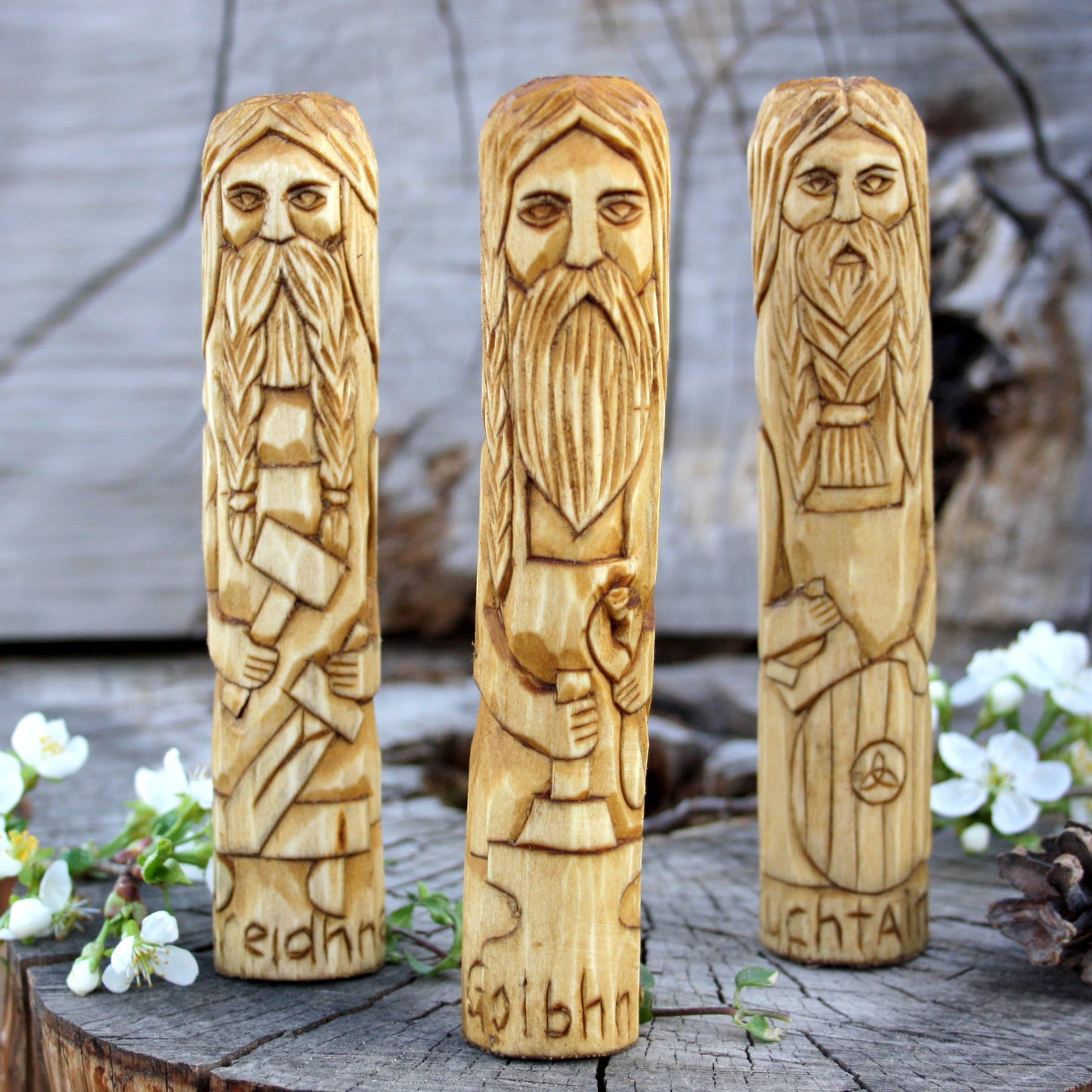 Goibhniu with Creide and Luchtain 15cm Celtic gods hand-carved wooden statues