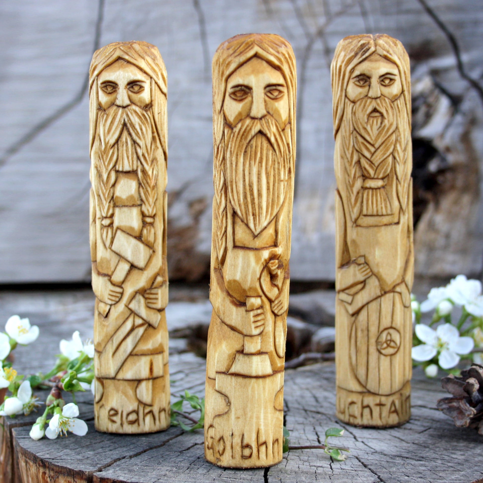 Goibhniu with Creide and Luchtain 15cm Celtic gods hand-carved wooden statues