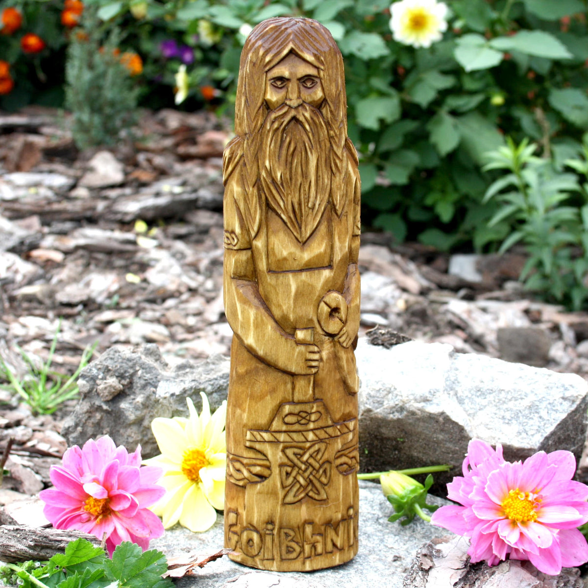 25 cm hand-carved wooden statue of Goibhniu, Celtic smith god, with a long detailed beard
